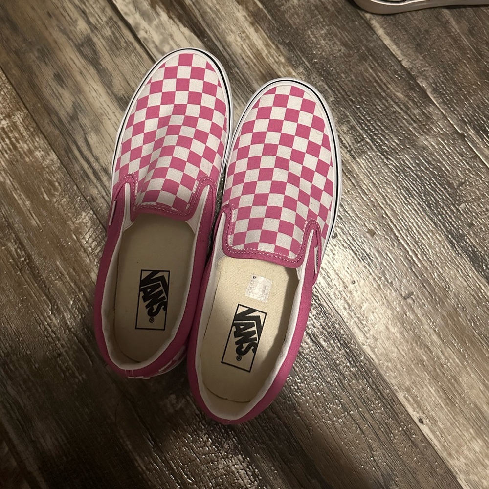Vans Pink and White Checkerboard Slip-On Sneakers